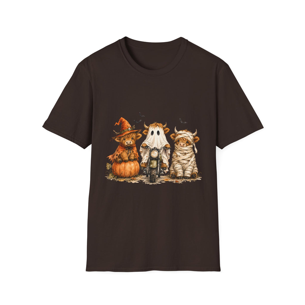 Halloween Highland Cows T-Shirt — Cute Cow Trio in Costumes