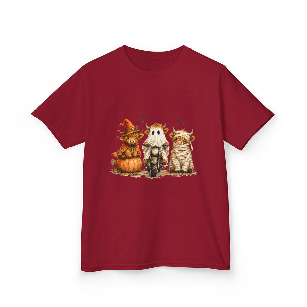 Kids Tee — Cute HalloweenHighland Cows Pumpkin, Ghost & Cat Costume Trio