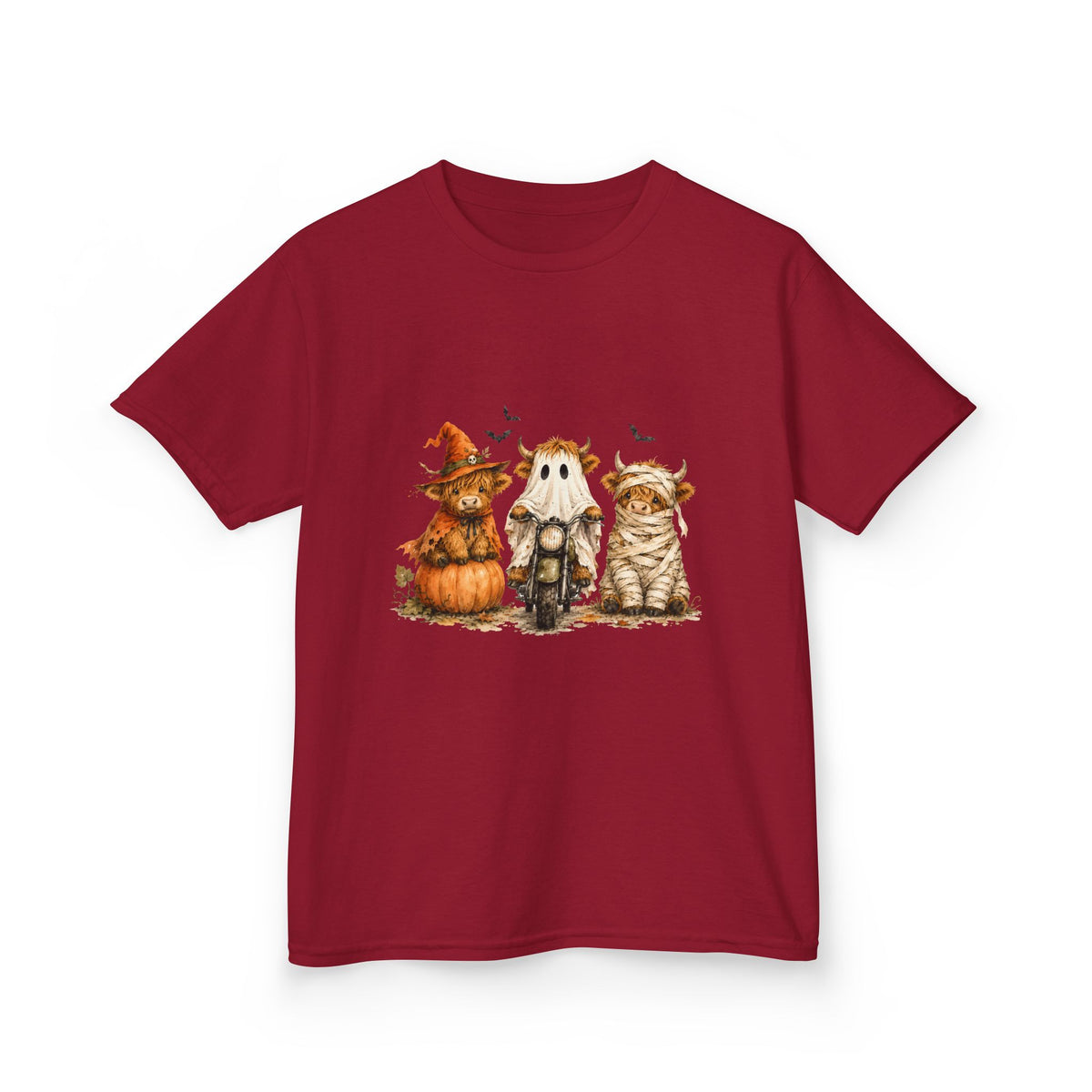 Kids Tee — Cute HalloweenHighland Cows Pumpkin, Ghost & Cat Costume Trio