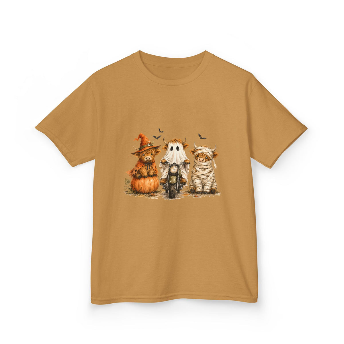Kids Tee — Cute HalloweenHighland Cows Pumpkin, Ghost & Cat Costume Trio