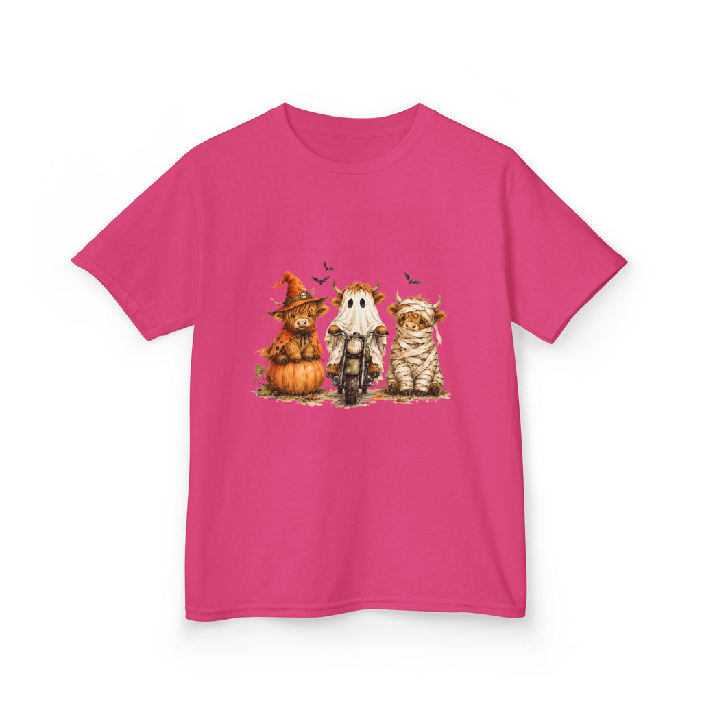 Kids Tee — Cute HalloweenHighland Cows Pumpkin, Ghost & Cat Costume Trio