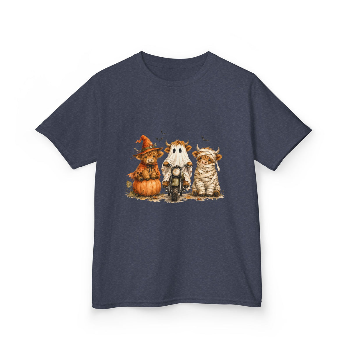 Kids Tee — Cute HalloweenHighland Cows Pumpkin, Ghost & Cat Costume Trio