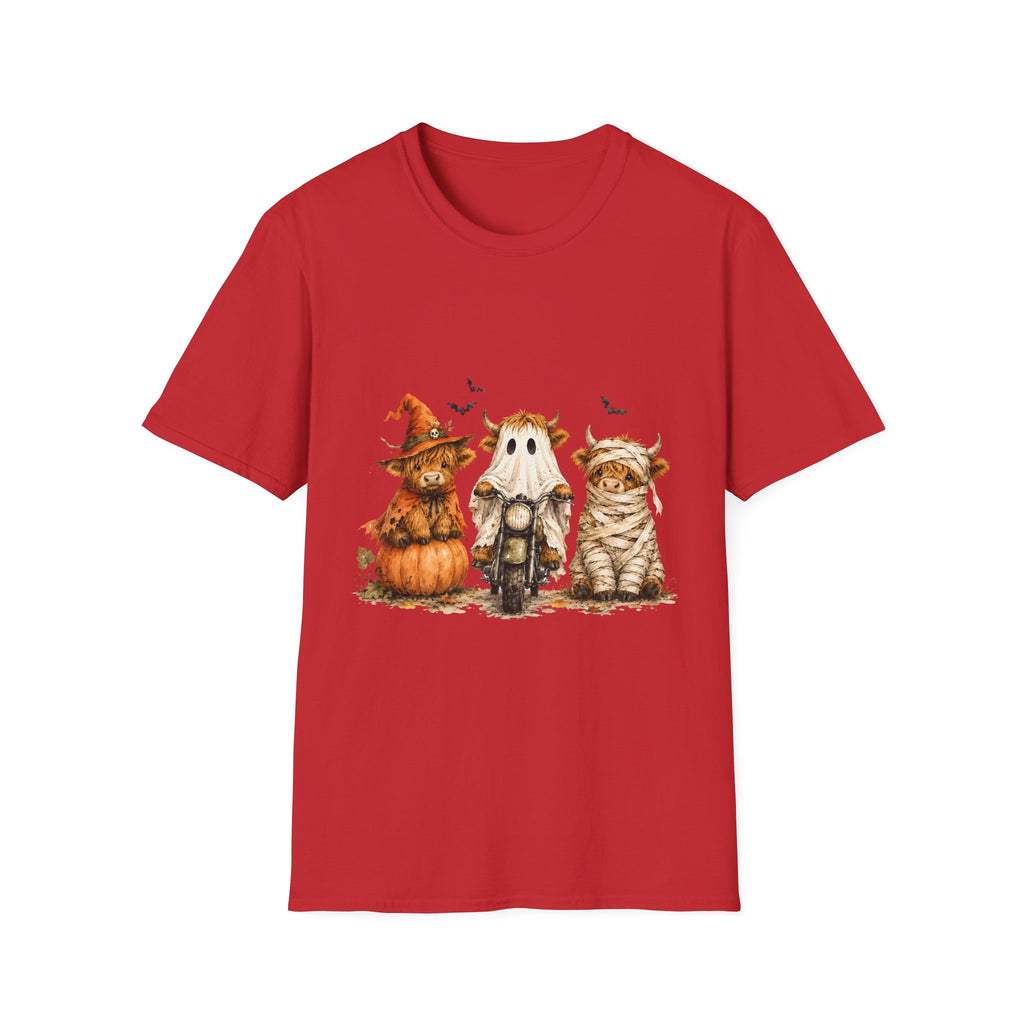 Halloween Highland Cows T-Shirt — Cute Cow Trio in Costumes