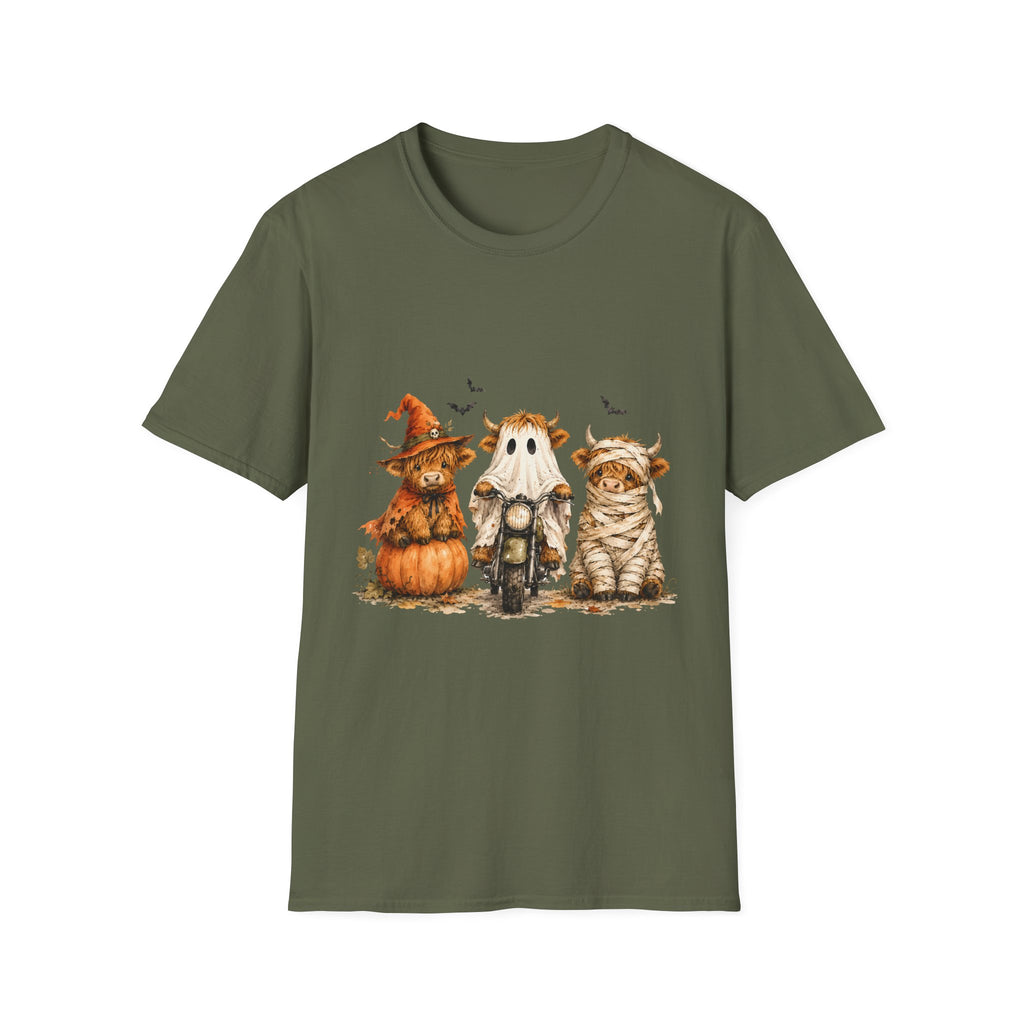 Halloween Highland Cows T-Shirt — Cute Cow Trio in Costumes