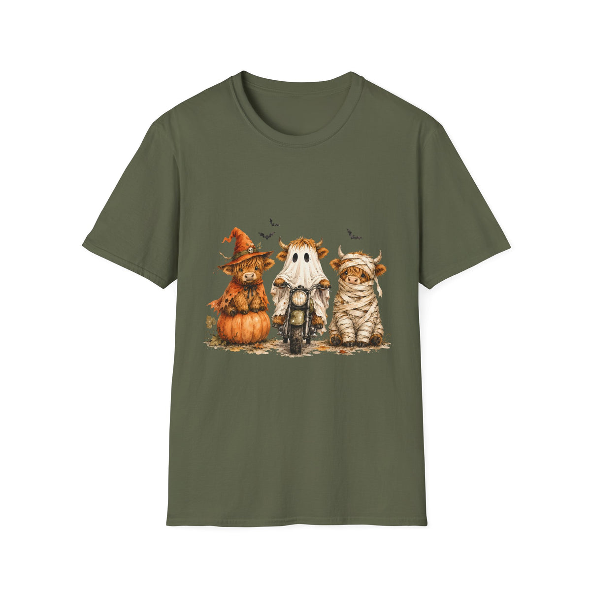Halloween Highland Cows T-Shirt — Cute Cow Trio in Costumes