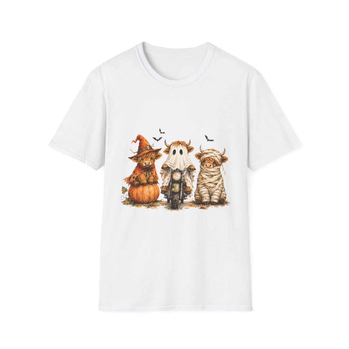 Halloween Highland Cows T-Shirt — Cute Cow Trio in Costumes