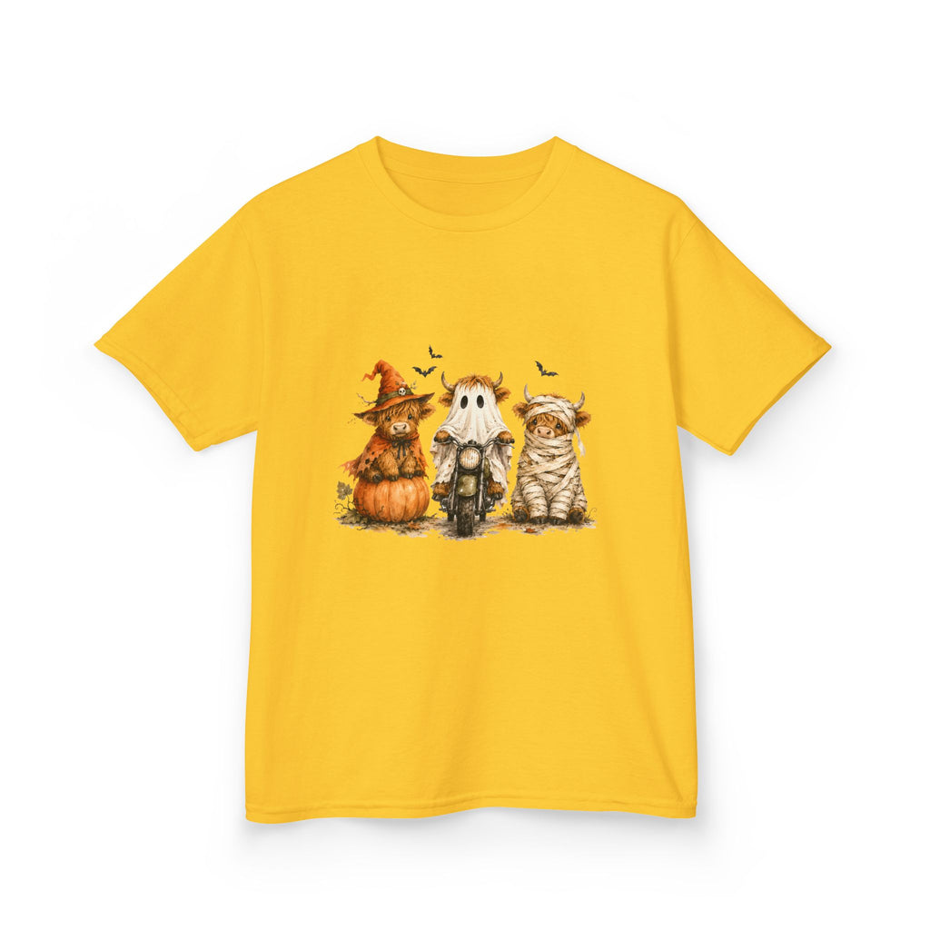 Kids Tee — Cute HalloweenHighland Cows Pumpkin, Ghost & Cat Costume Trio