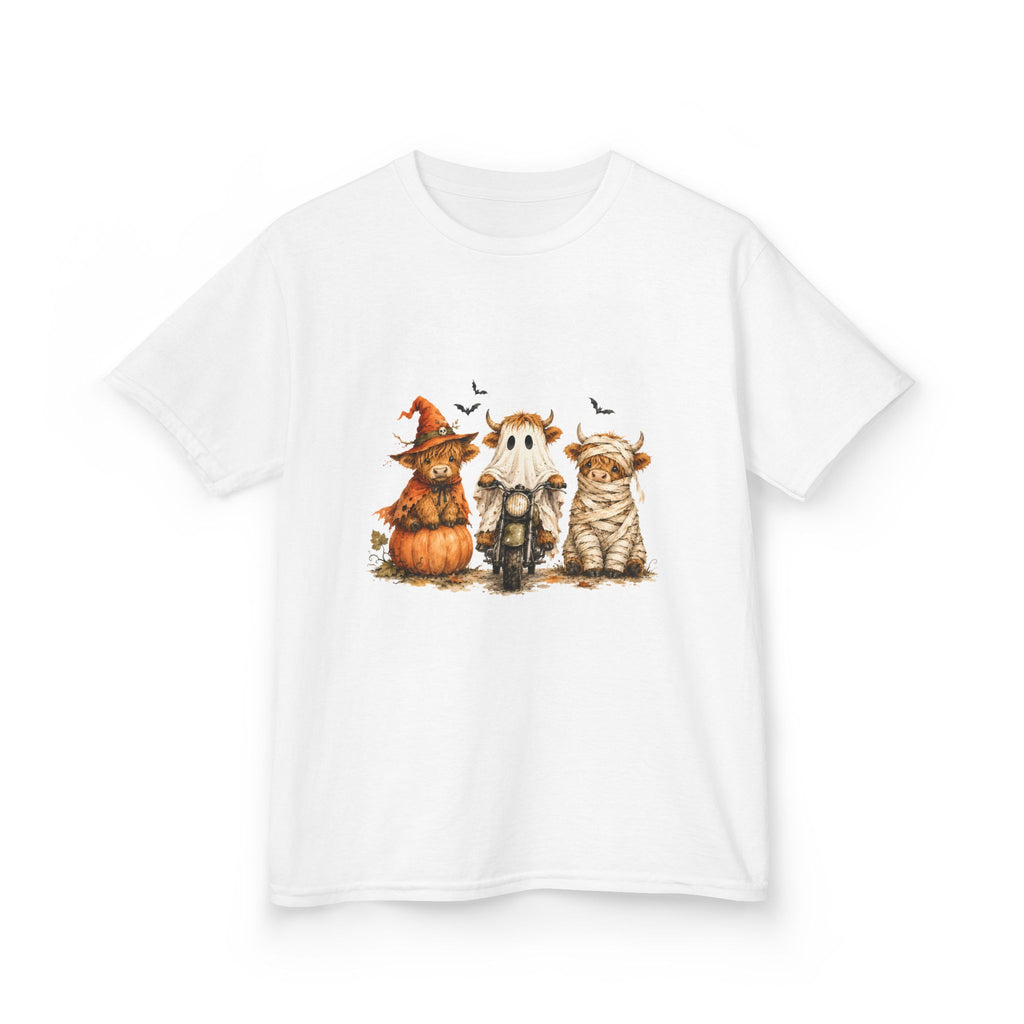 Kids Tee — Cute HalloweenHighland Cows Pumpkin, Ghost & Cat Costume Trio