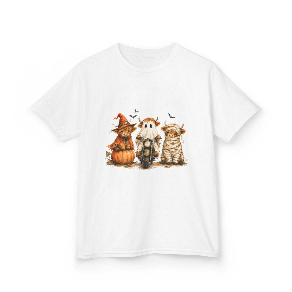 Kids Tee — Cute HalloweenHighland Cows Pumpkin, Ghost & Cat Costume Trio