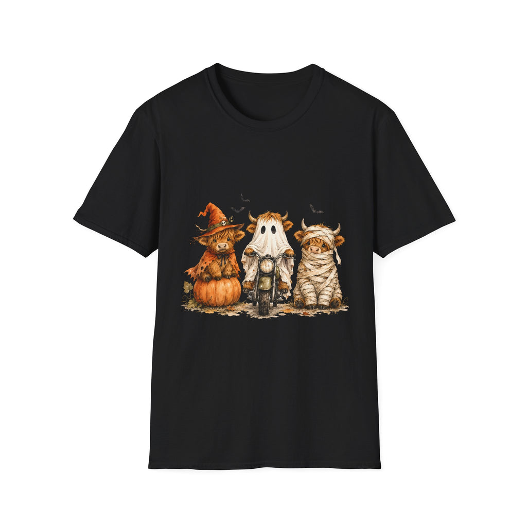 Halloween Highland Cows T-Shirt — Cute Cow Trio in Costumes