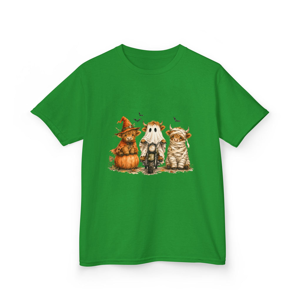 Kids Tee — Cute HalloweenHighland Cows Pumpkin, Ghost & Cat Costume Trio