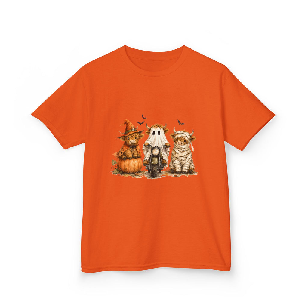 Kids Tee — Cute HalloweenHighland Cows Pumpkin, Ghost & Cat Costume Trio