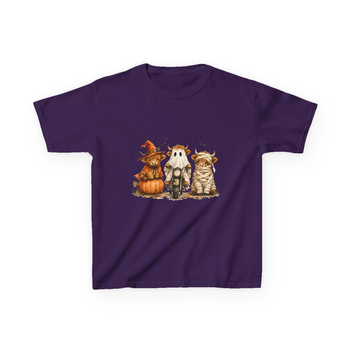 Kids Tee — Cute HalloweenHighland Cows Pumpkin, Ghost & Cat Costume Trio