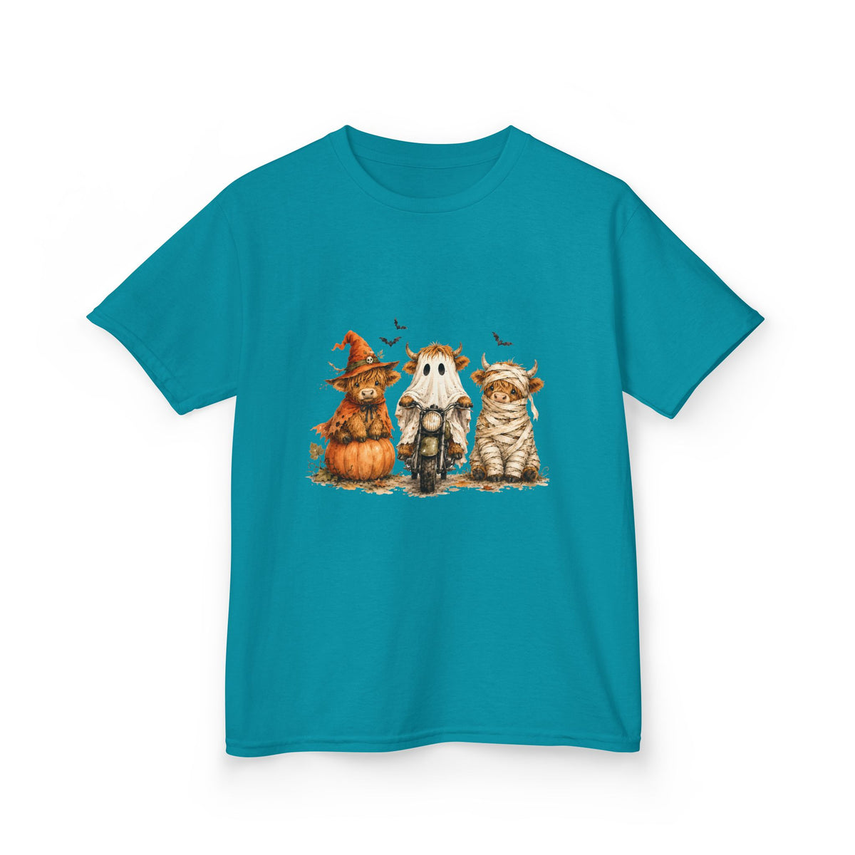 Kids Tee — Cute HalloweenHighland Cows Pumpkin, Ghost & Cat Costume Trio