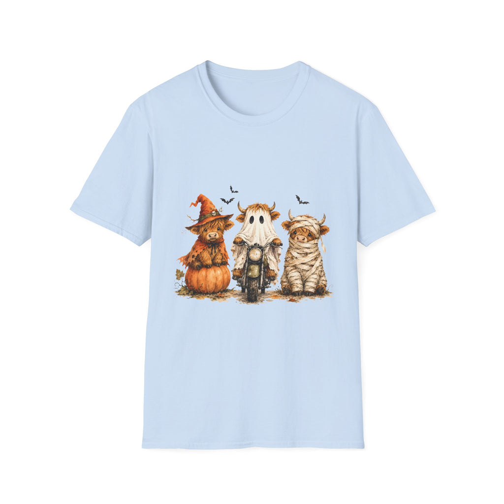 Halloween Highland Cows T-Shirt — Cute Cow Trio in Costumes