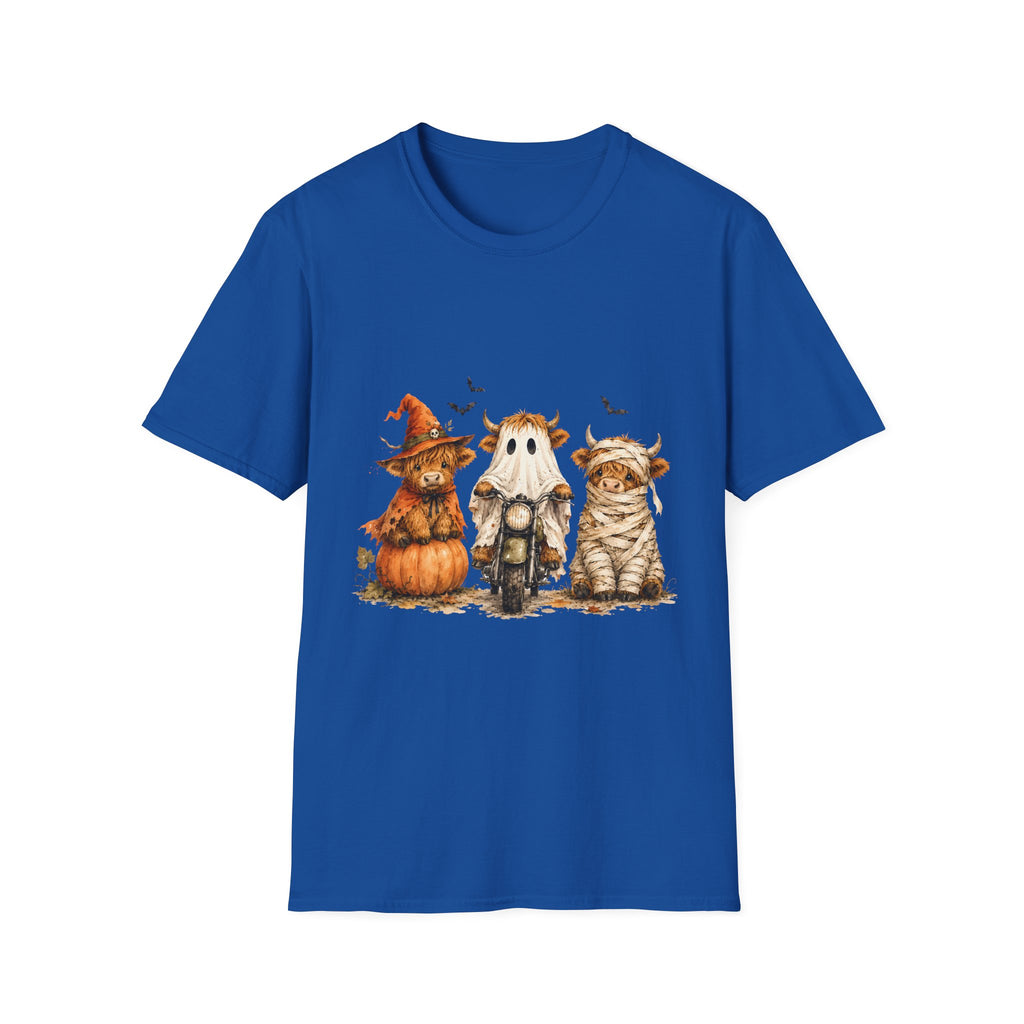 Halloween Highland Cows T-Shirt — Cute Cow Trio in Costumes