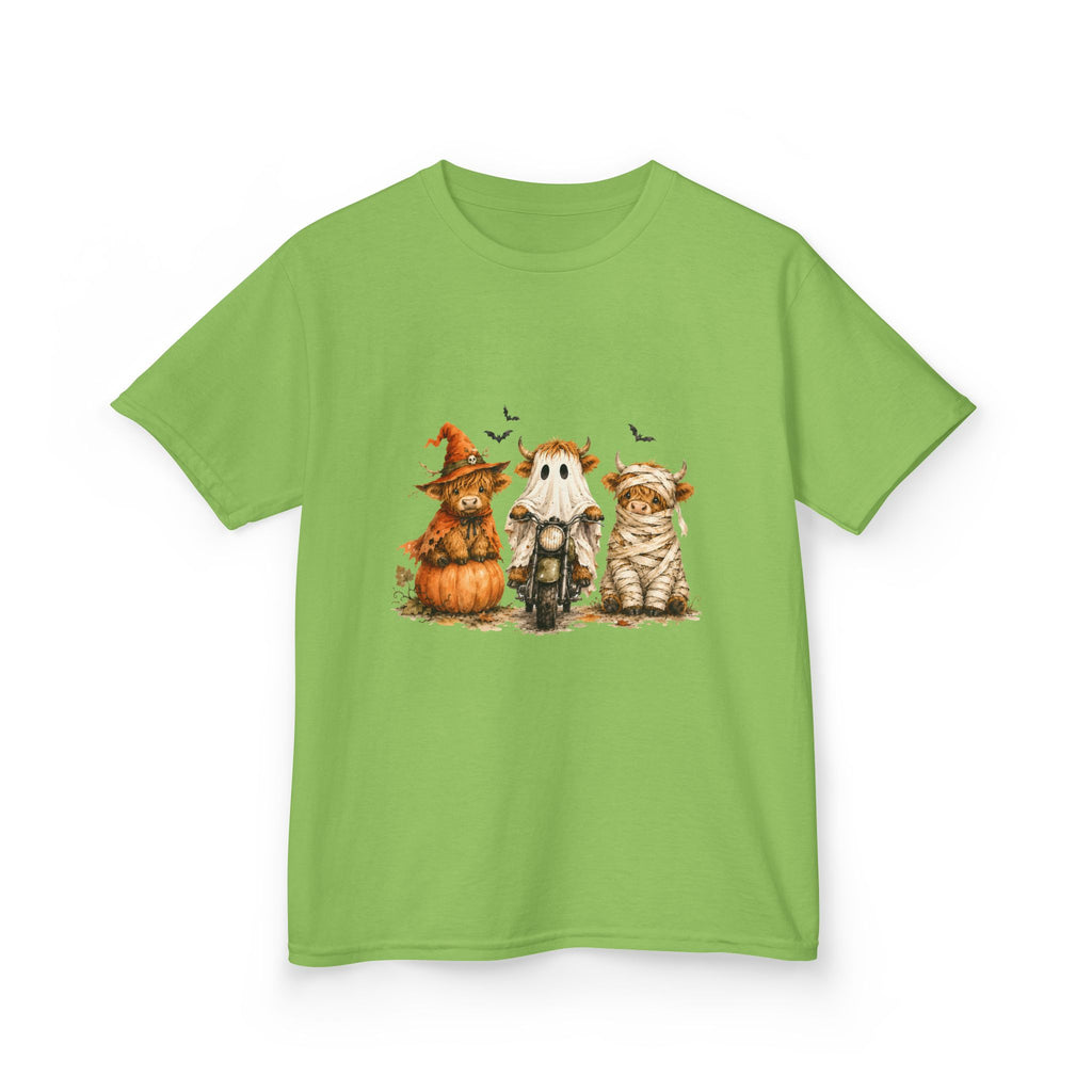Kids Tee — Cute HalloweenHighland Cows Pumpkin, Ghost & Cat Costume Trio