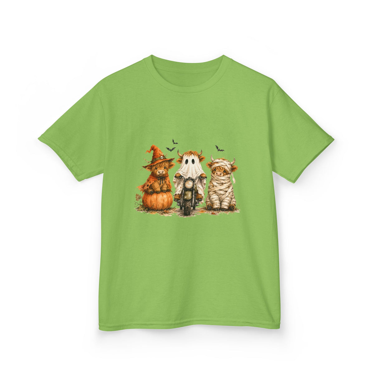 Kids Tee — Cute HalloweenHighland Cows Pumpkin, Ghost & Cat Costume Trio