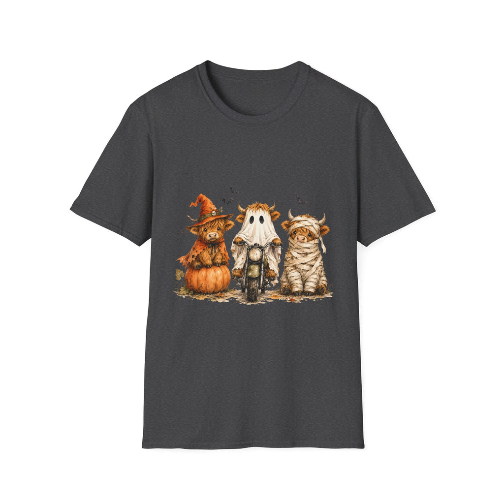Halloween Highland Cows T-Shirt — Cute Cow Trio in Costumes