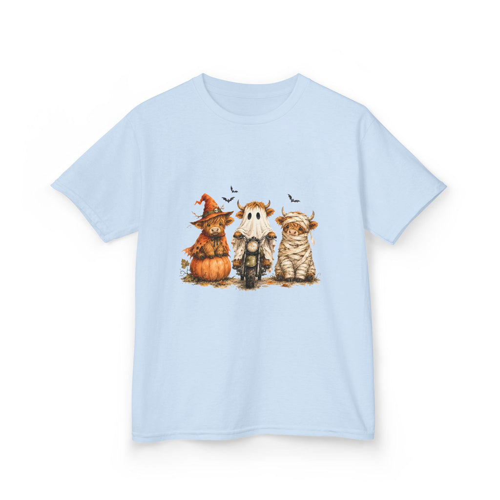 Kids Tee — Cute HalloweenHighland Cows Pumpkin, Ghost & Cat Costume Trio