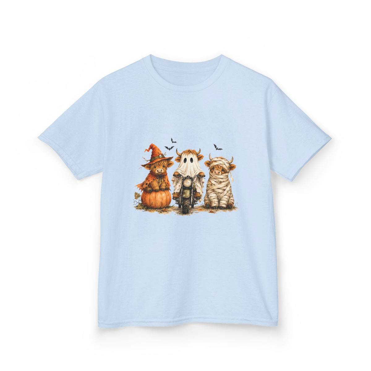 Kids Tee — Cute HalloweenHighland Cows Pumpkin, Ghost & Cat Costume Trio