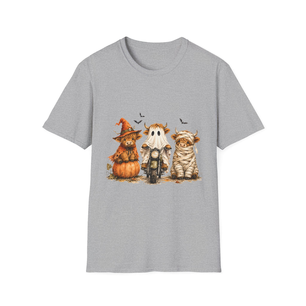 Halloween Highland Cows T-Shirt — Cute Cow Trio in Costumes