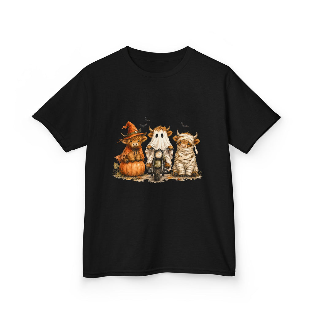 Kids Tee — Cute HalloweenHighland Cows Pumpkin, Ghost & Cat Costume Trio
