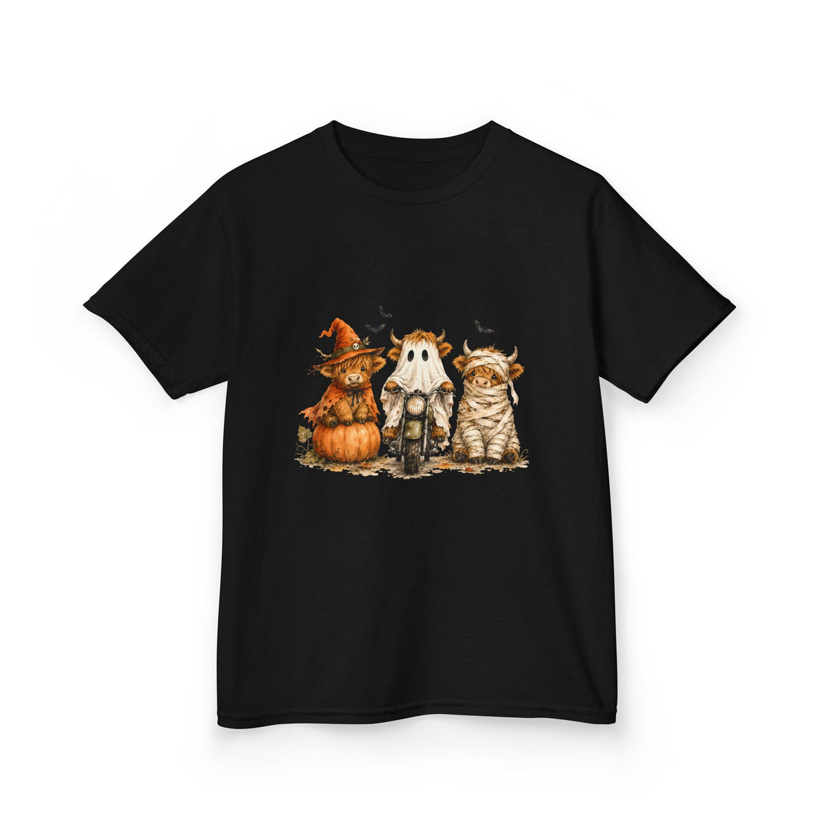 Kids Tee — Cute HalloweenHighland Cows Pumpkin, Ghost & Cat Costume Trio