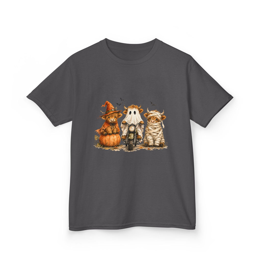 Kids Tee — Cute HalloweenHighland Cows Pumpkin, Ghost & Cat Costume Trio