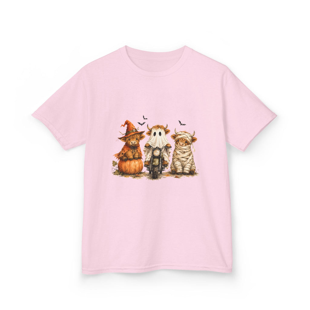 Kids Tee — Cute HalloweenHighland Cows Pumpkin, Ghost & Cat Costume Trio