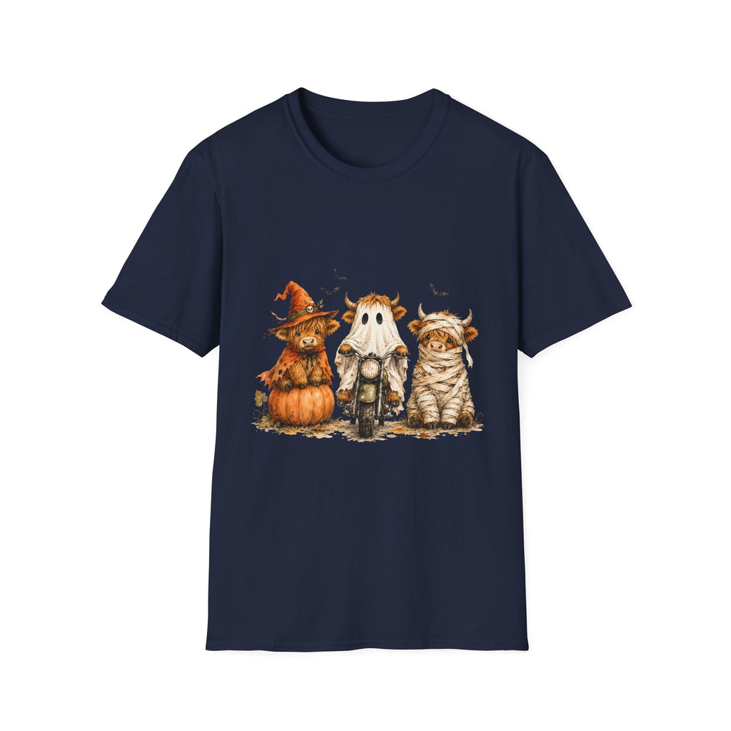 Halloween Highland Cows T-Shirt — Cute Cow Trio in Costumes