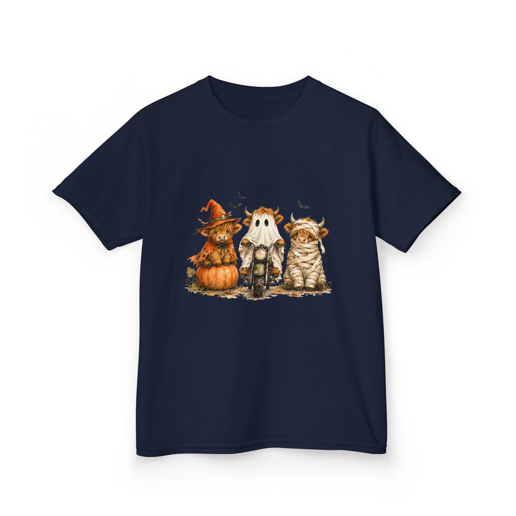 Kids Tee — Cute HalloweenHighland Cows Pumpkin, Ghost & Cat Costume Trio