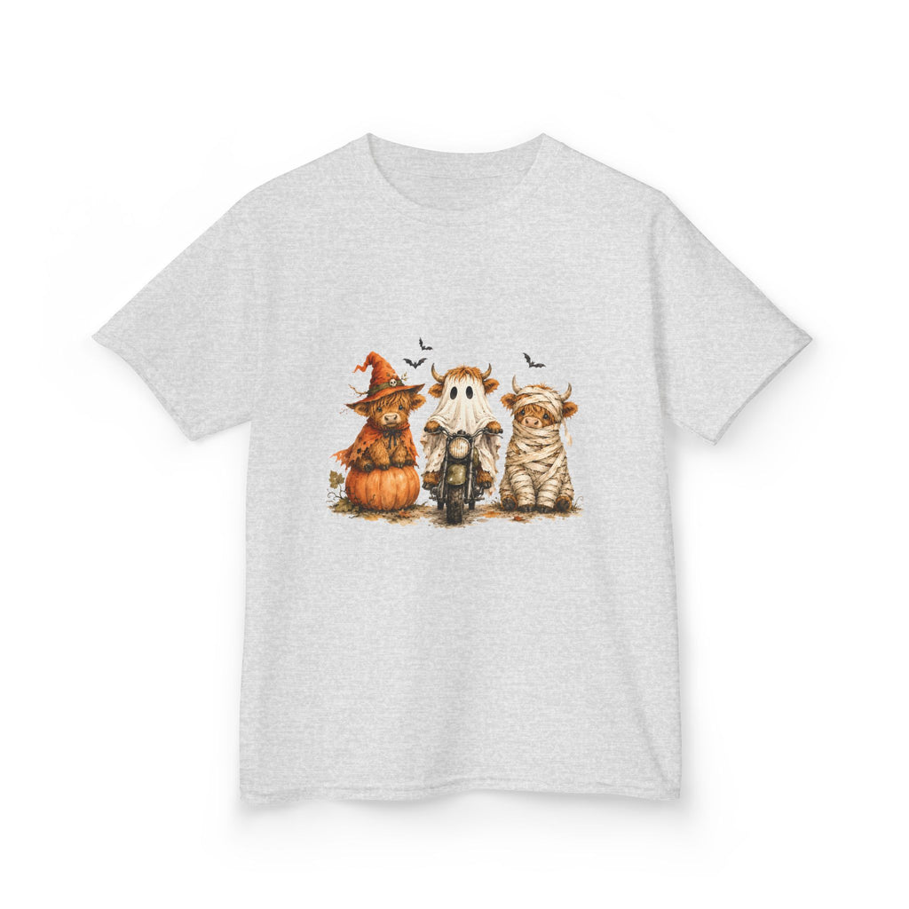 Kids Tee — Cute HalloweenHighland Cows Pumpkin, Ghost & Cat Costume Trio