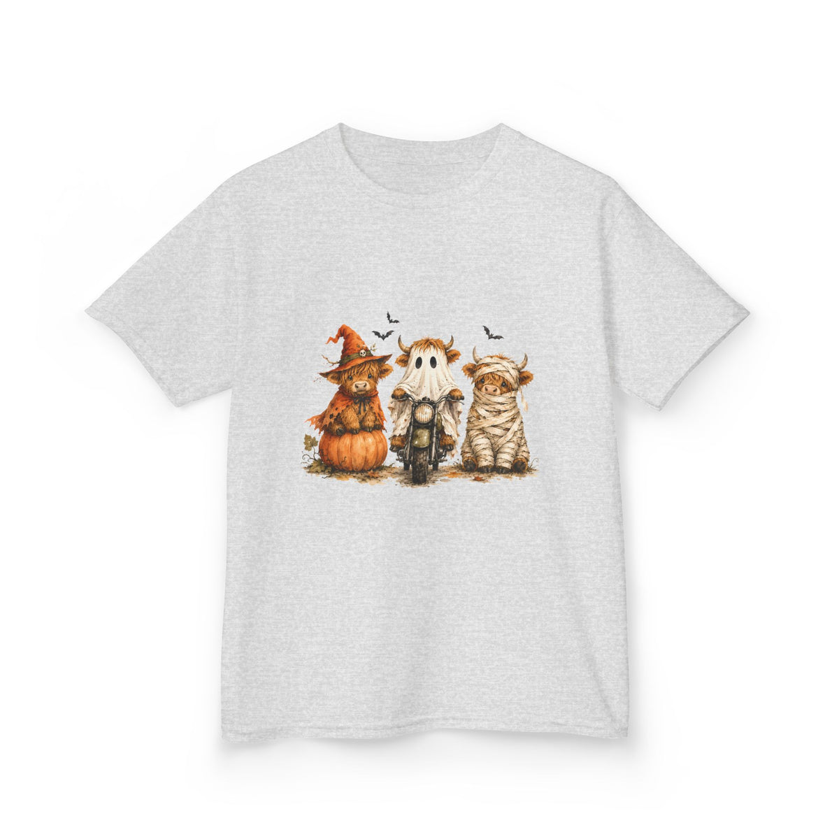 Kids Tee — Cute HalloweenHighland Cows Pumpkin, Ghost & Cat Costume Trio