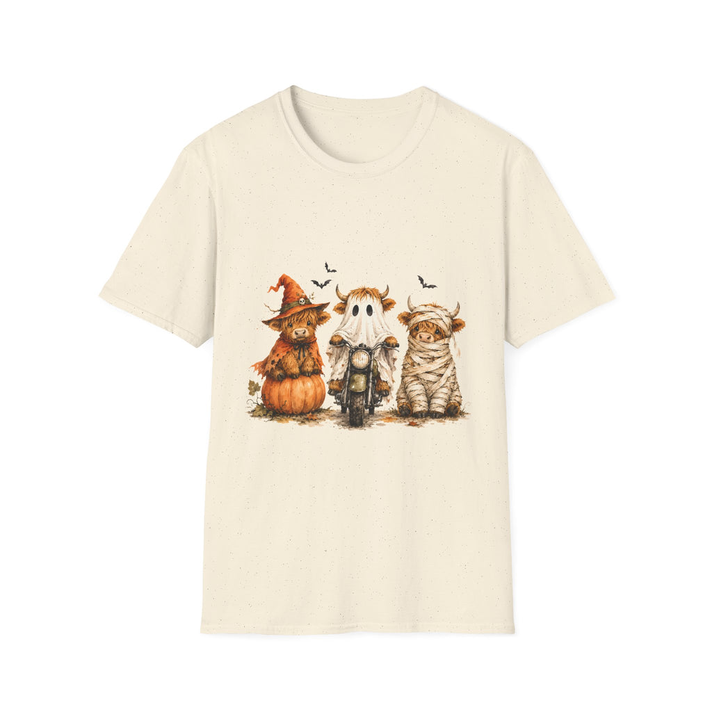Halloween Highland Cows T-Shirt — Cute Cow Trio in Costumes