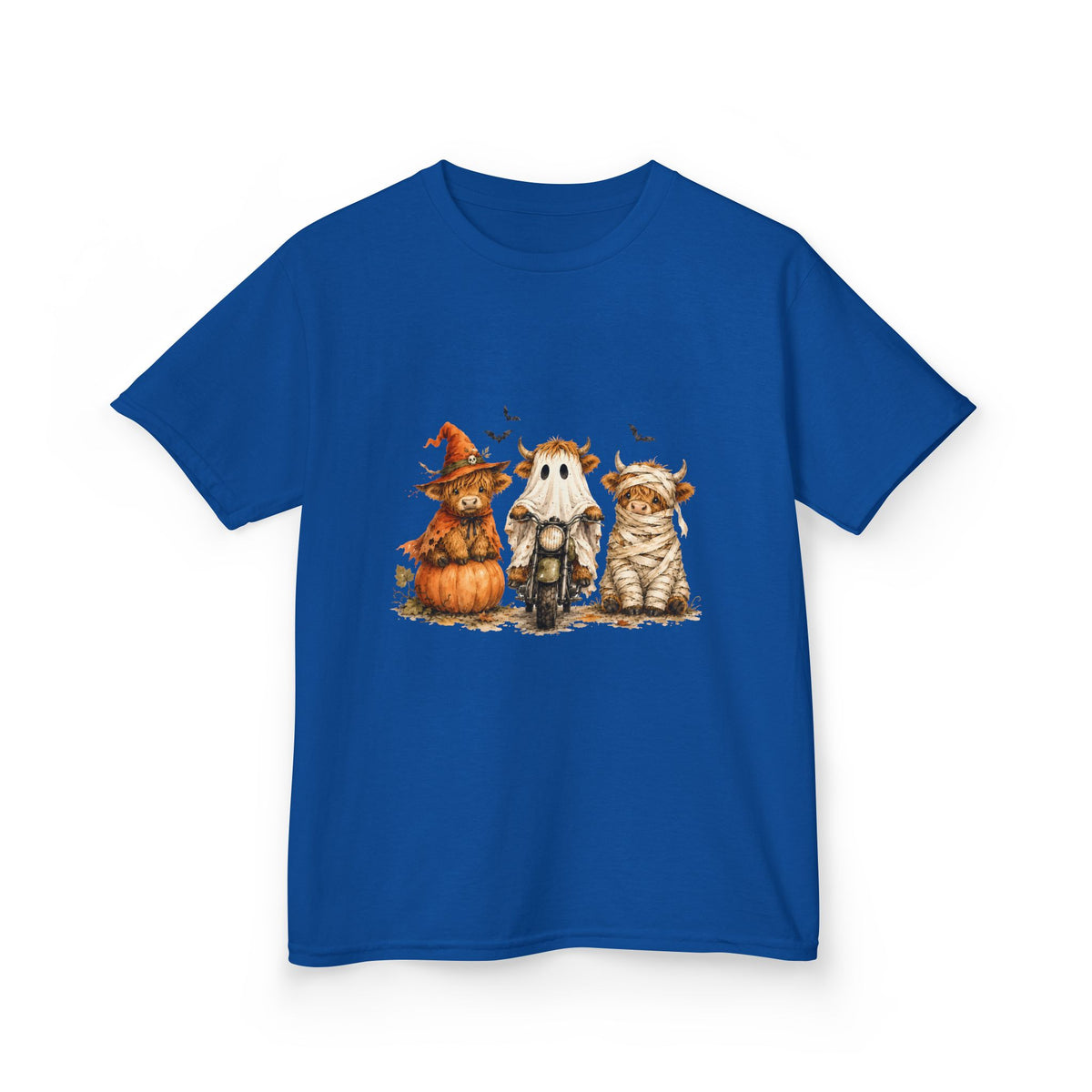 Kids Tee — Cute HalloweenHighland Cows Pumpkin, Ghost & Cat Costume Trio