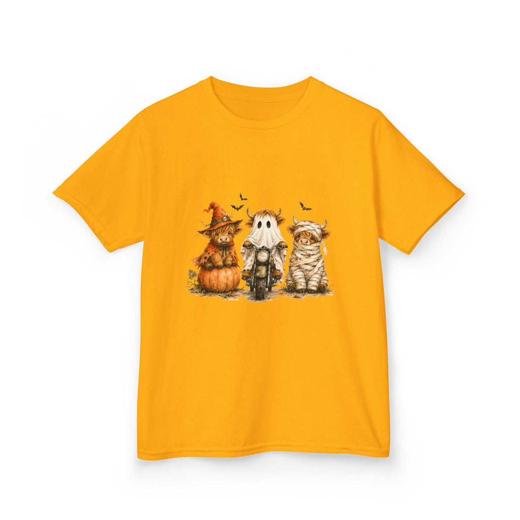Kids Tee — Cute HalloweenHighland Cows Pumpkin, Ghost & Cat Costume Trio